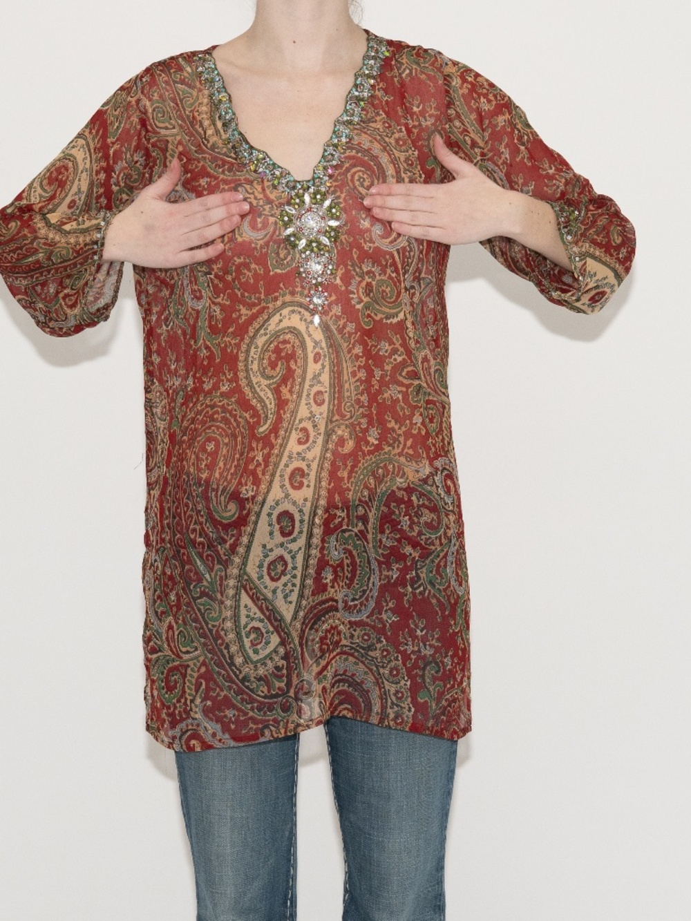 Y2k mesh beaded rhinestone blouse size XXL drama too! paisley print